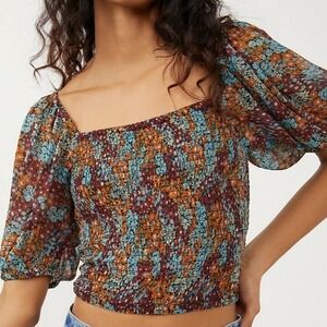 Free People Womens Large Back On Top Smocked Cropped Top Puff Sleeve‎ Bohemian